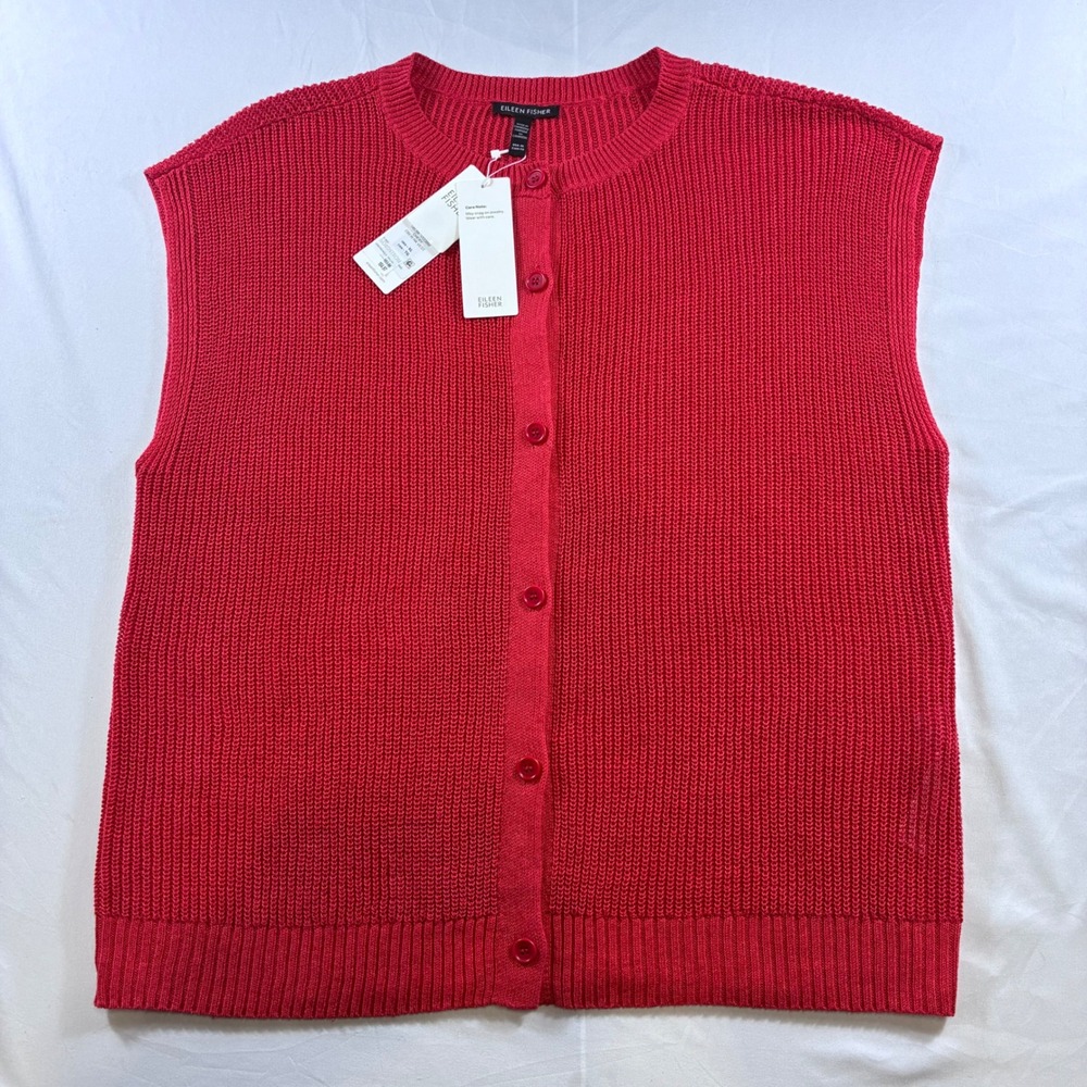 Eileen Fisher Cherry Red Crew Neck Vest Shaker Knit Button Front Cardigan XL NEW